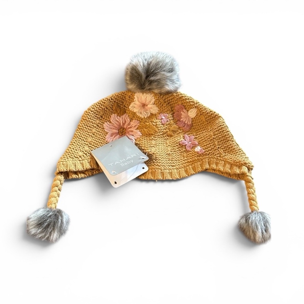Tahari Baby Mustard Knit Floral Pom Pom Ear Flap Winter Hat New With Tags